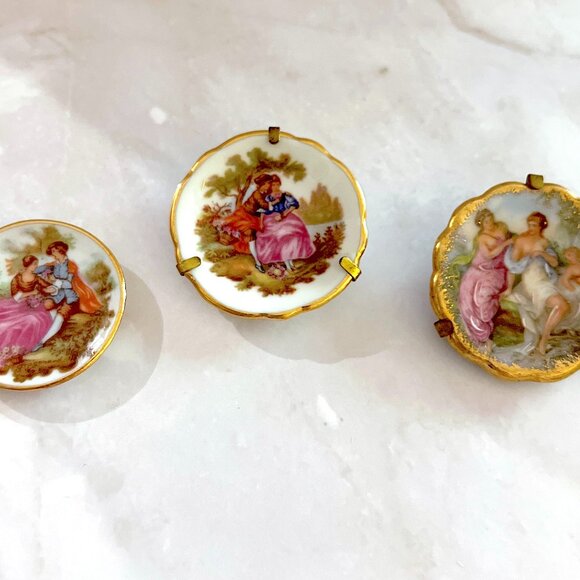 Hand-Painted Limoges Miniature Plate Set: Victorian Romantic Decor, Easel Stands - Picture 1 of 6